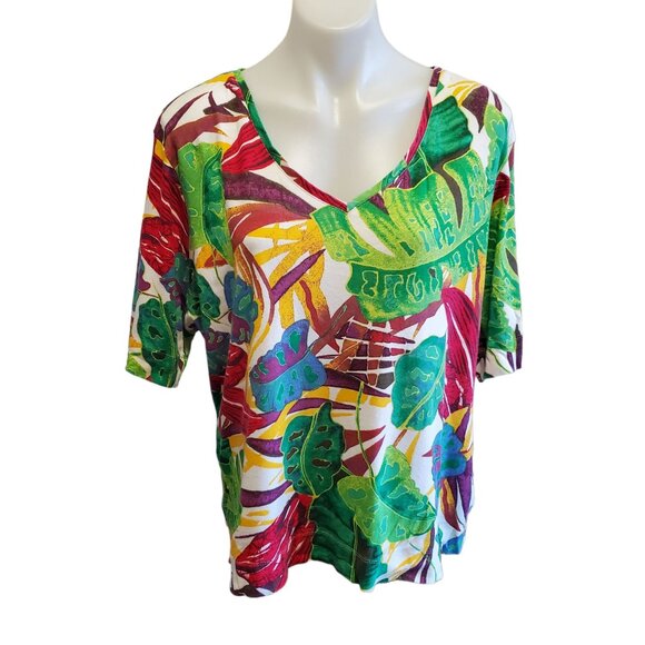 Chicos XXL Vibrant Tropical Retro Leaf Print Top Multicolor T-Shirt NWOT - Picture 2 of 11
